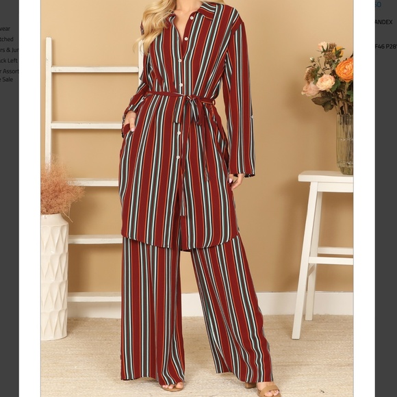 NWT Women's 2pc Stripe Collared Button Down Tie Waist Wide Leg Matching Suit - Picture 1 of 4